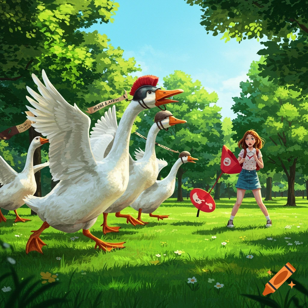 A cartoon illustration of a flock of geese in helmets running towards a surprised young girl in a park.