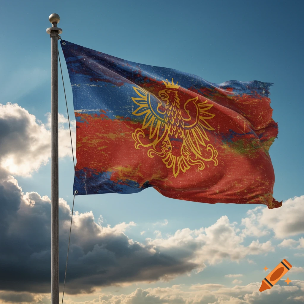 A distressed and tattered blue and red flag, featuring a golden crowned eagle emblem, waving against a cloudy sky.