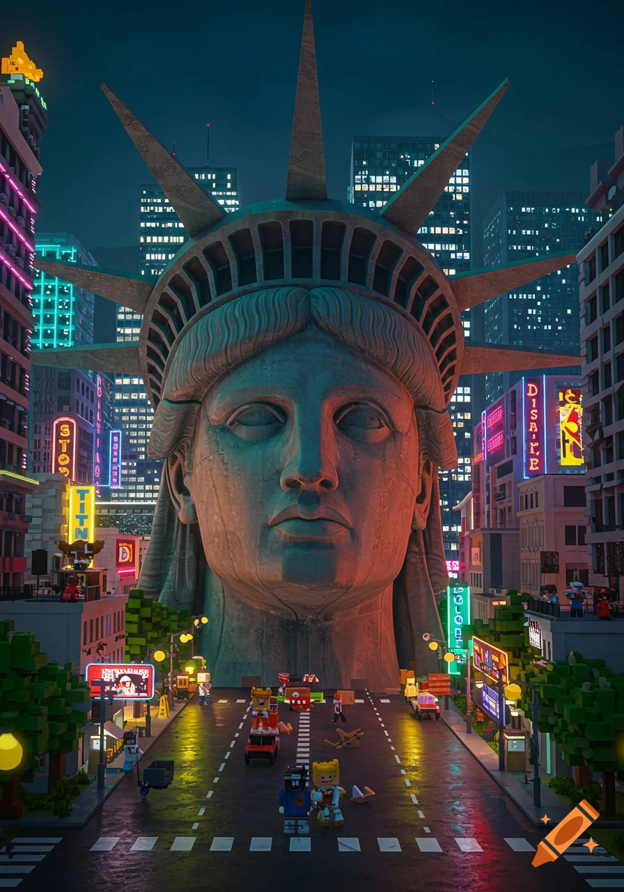 A giant Statue of Liberty head stands on a road in a neon-lit, pixelated city at night, with blocky cars and people.