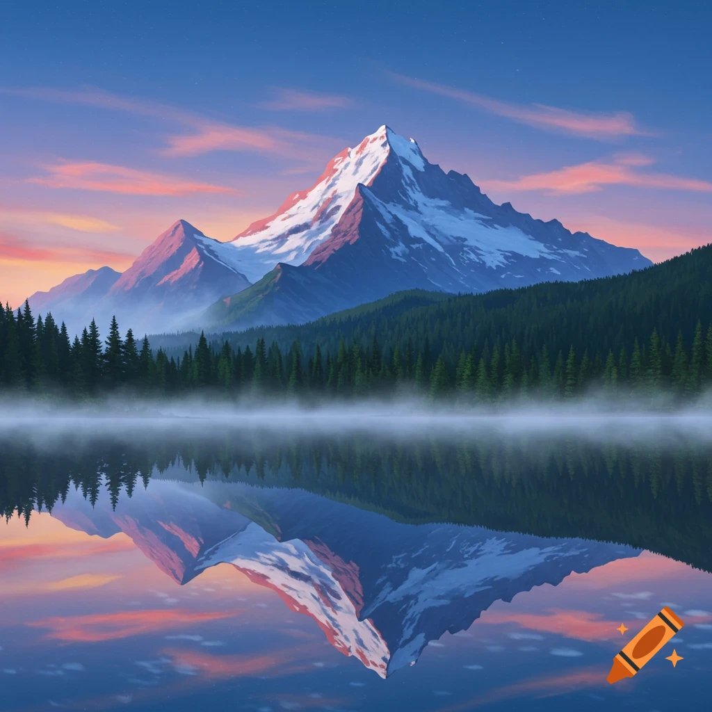 Vibrant artistic rendering of a snow-capped mountain reflected in a misty lake, surrounded by a dense forest under a colorful sunrise sky.