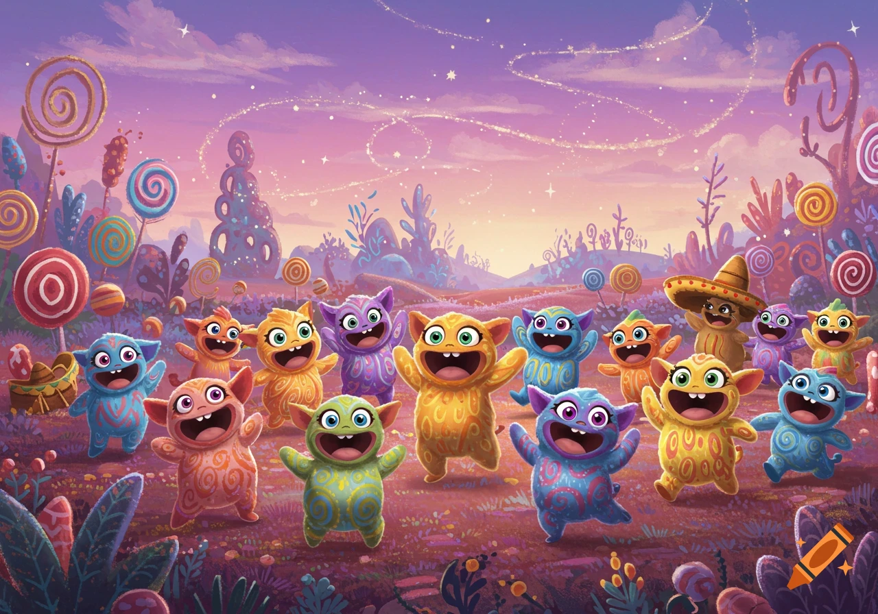 A group of cute, colorful, smiling monsters with big eyes gather in a vibrant, fantastical candy land with lollipop trees under a purple sky.