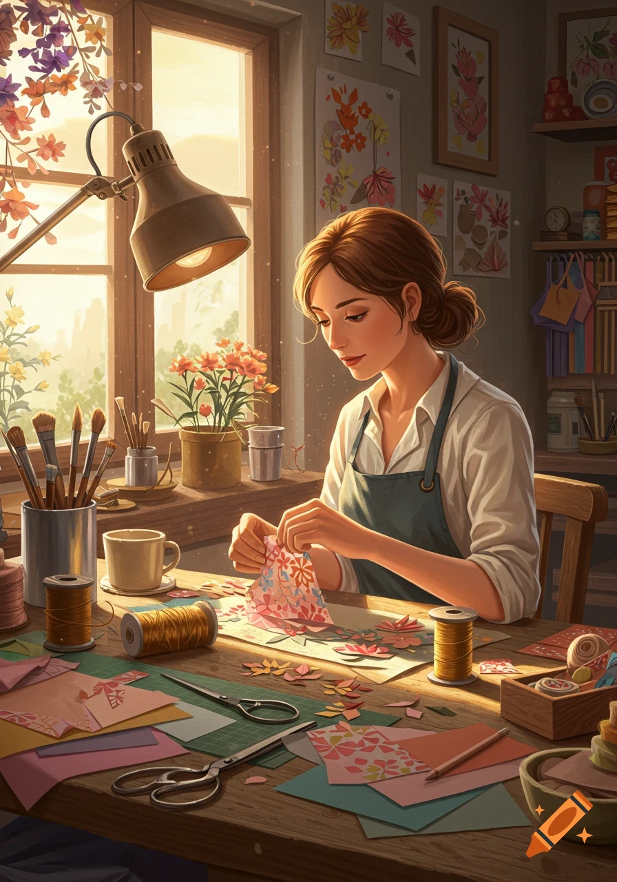 A woman with her hair in a bun meticulously cuts and folds colorful paper shapes at a sunlit wooden desk laden with craft supplies.