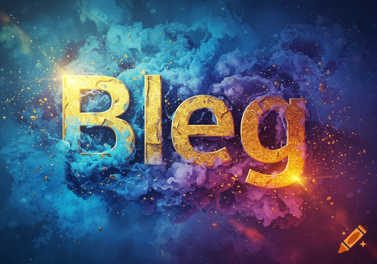 The word Bleg in sparkling gold text against a vibrant blue and purple smoky background with gold dust.