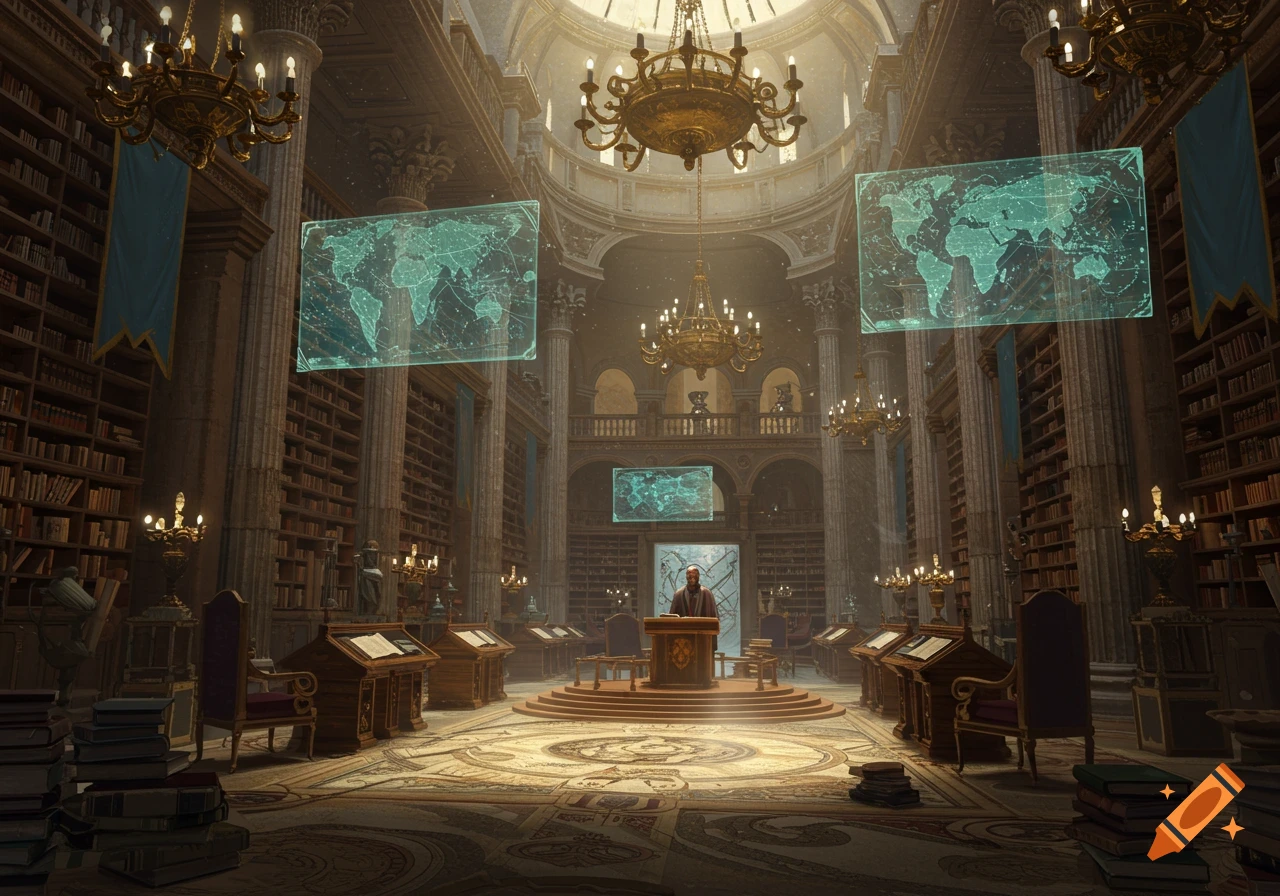 A grand, ornate library with high ceilings, chandeliers, tall bookshelves, and a person at a podium under glowing holographic world maps.