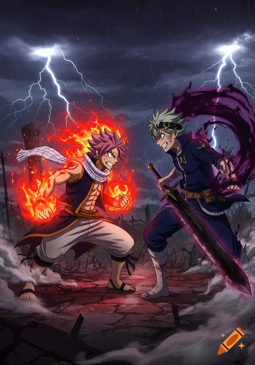 Anime-style battle between Natsu (fire) and Asta (dark energy, sword) amidst lightning and ruins.