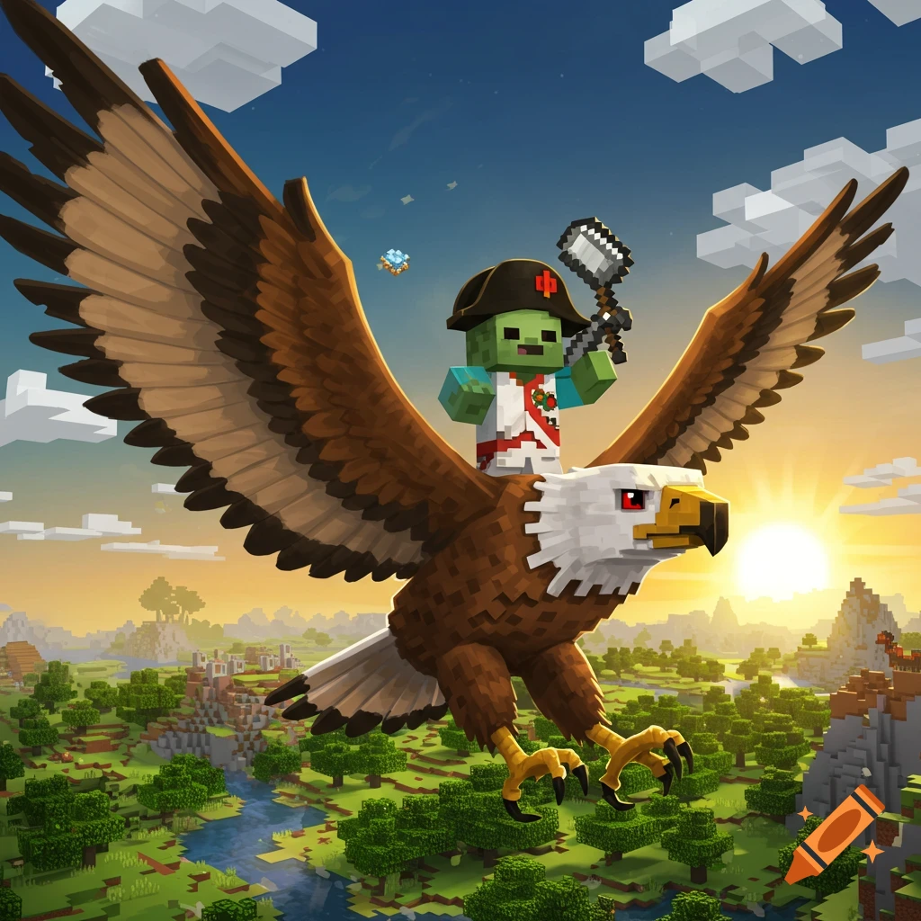 A Minecraft-style baby zombie in a Napoleon-like hat and uniform, riding a large eagle through a blocky landscape at sunset.
