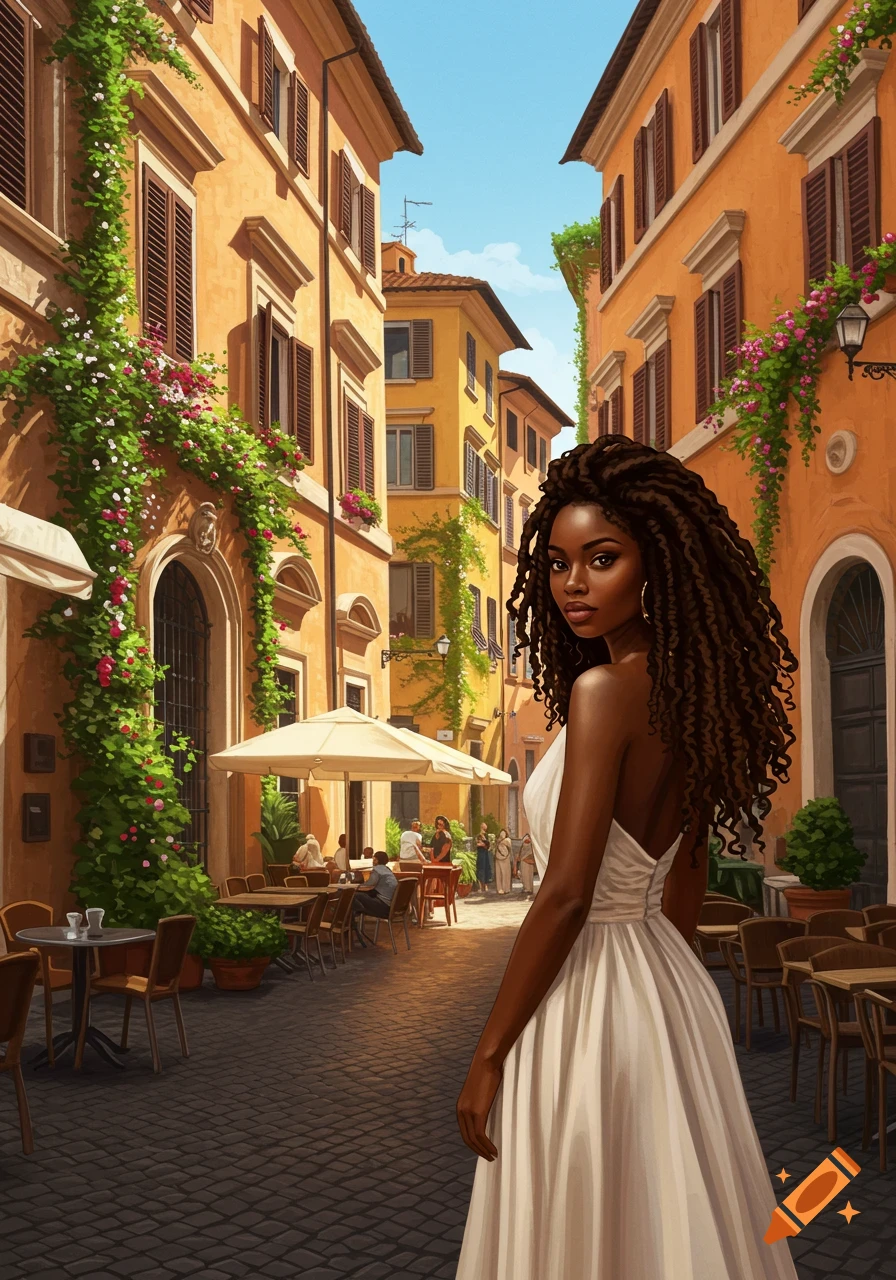 A woman with dreadlocks in a white dress stands on a cobblestone street lined with orange buildings and outdoor cafes.