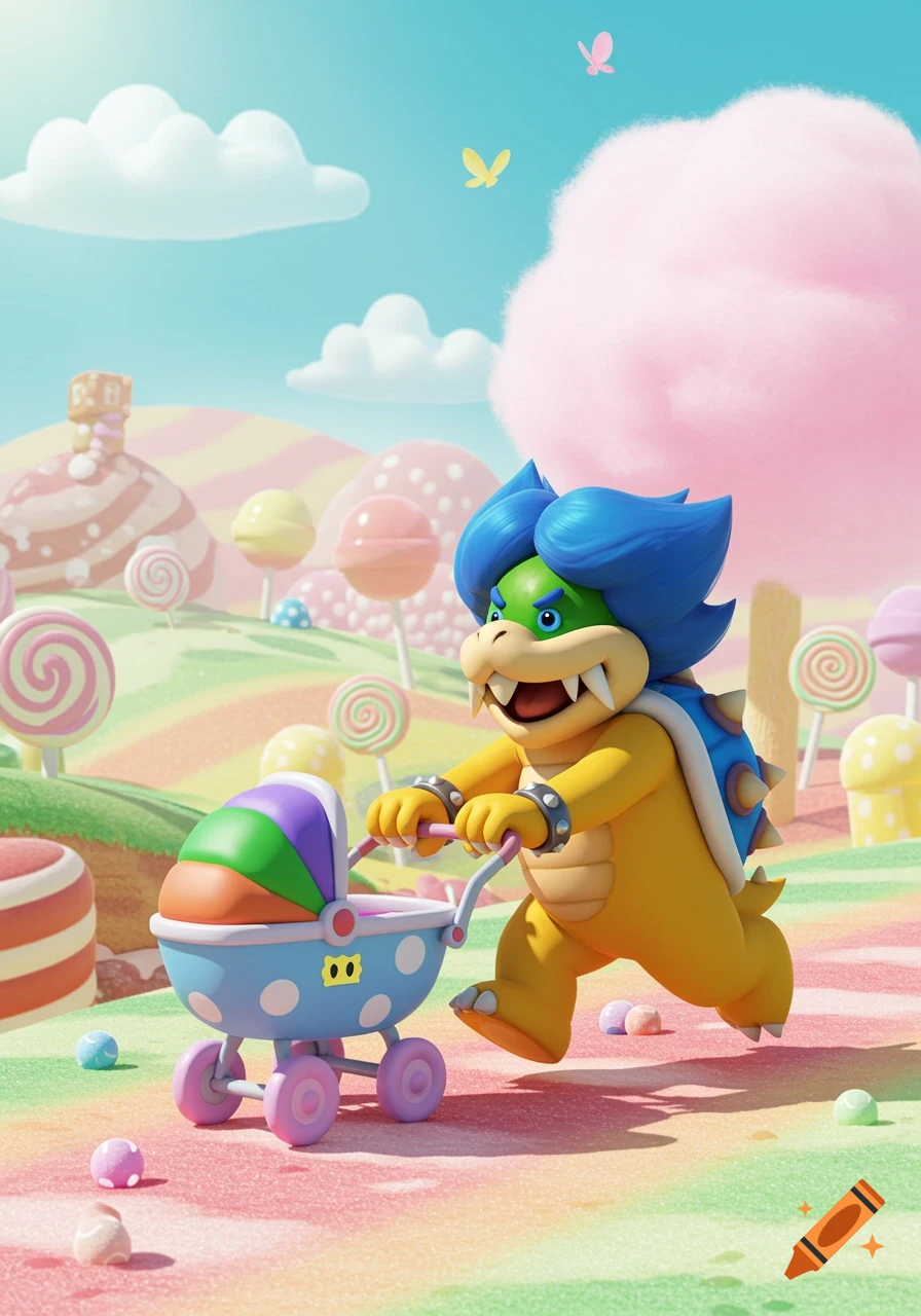 Ludwig von Koopa pushes a baby stroller through a colorful, whimsical candy land with lollipops and cotton candy clouds.