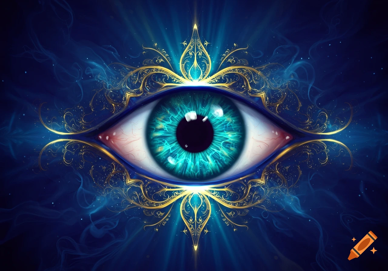 A vibrant blue and gold stylized evil eye against a dark blue cosmic background with swirling light.