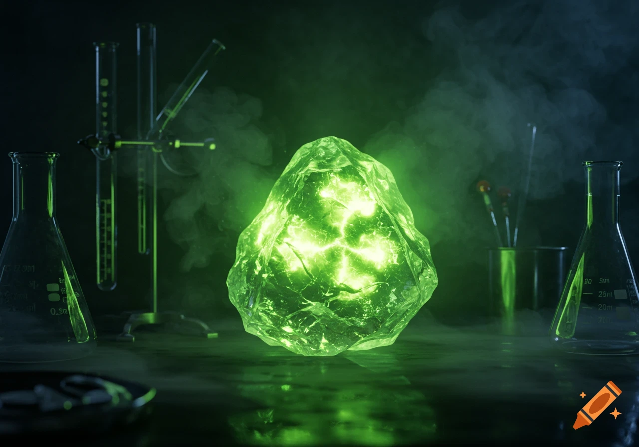 A vibrant green glowing crystal on a dark laboratory table, surrounded by beakers, test tubes, and green smoke.
