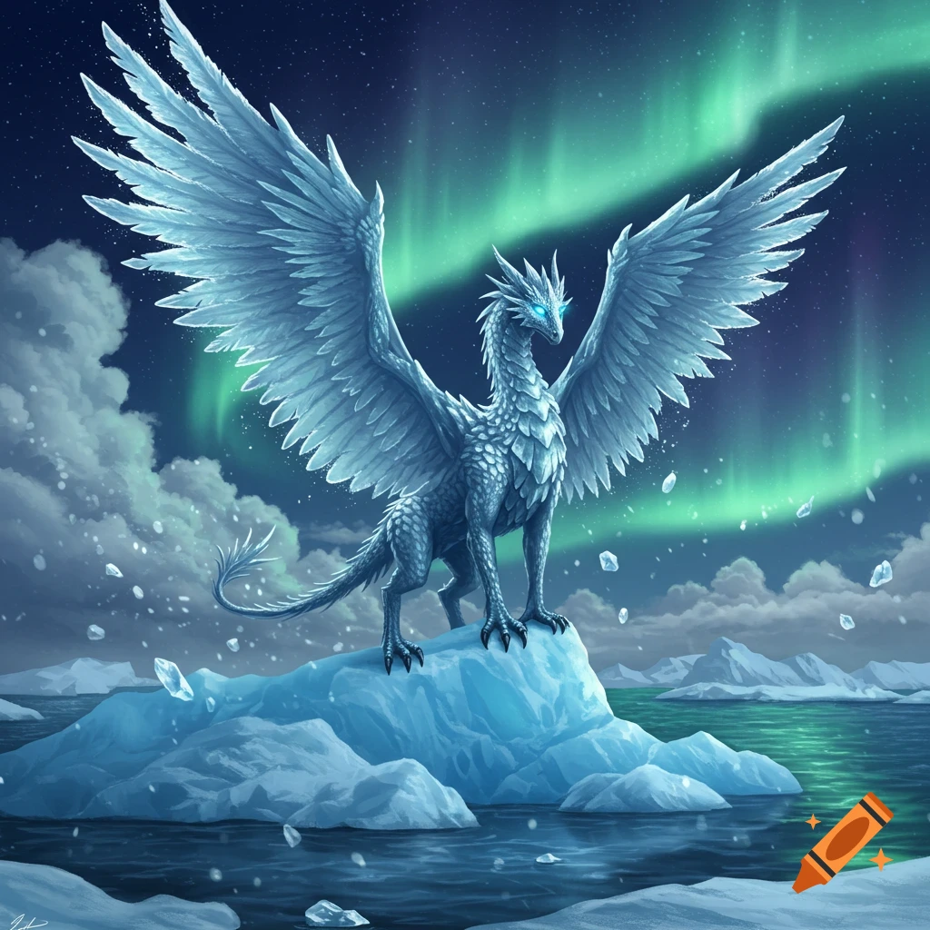 A majestic ice dragon with large wings stands on an iceberg under a vibrant green aurora borealis.