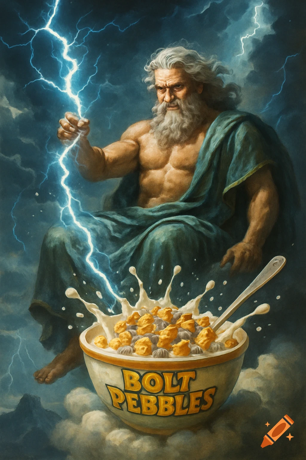 Muscular Zeus, the Greek god, casts lightning into a splashing bowl of 'Bolt Pebbles' cereal, surrounded by clouds.