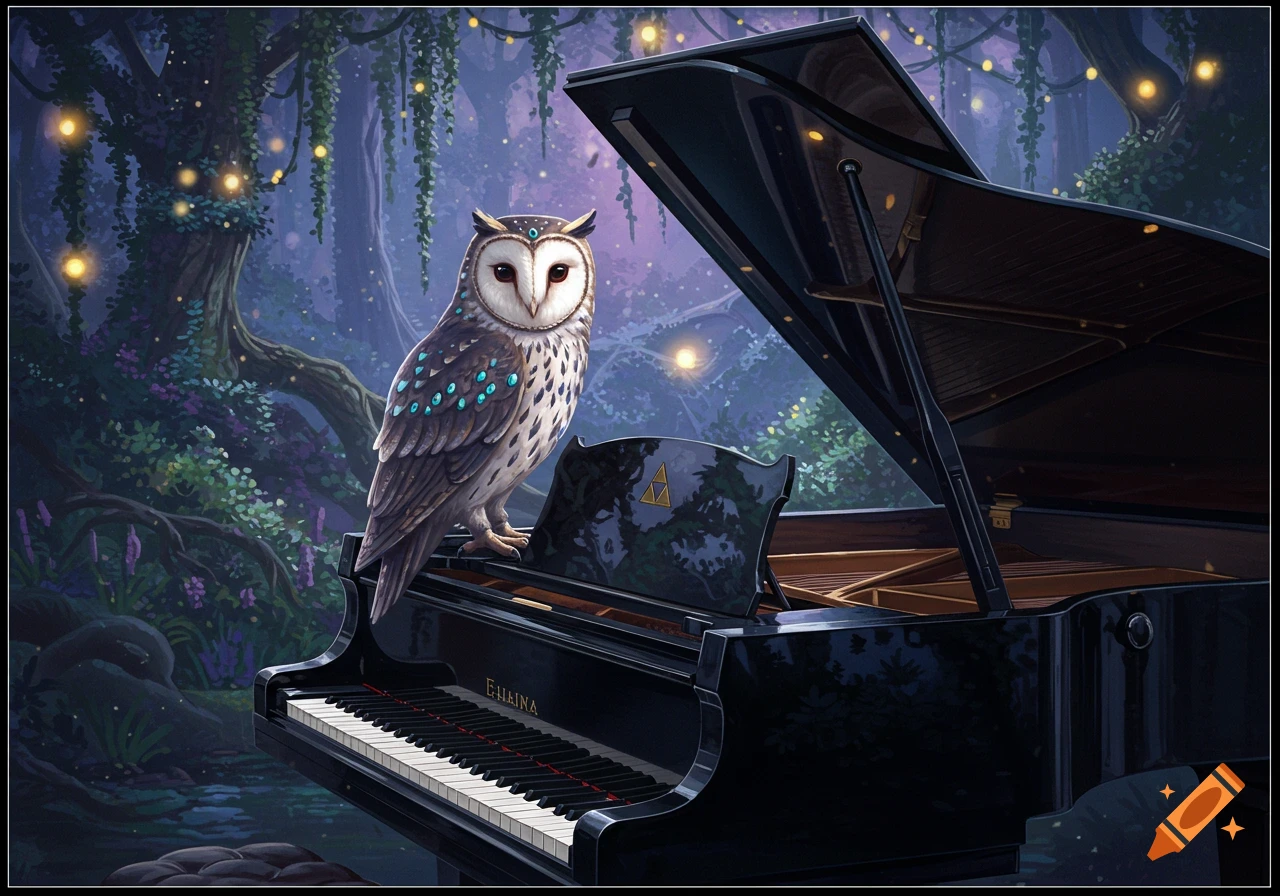 A white owl with teal markings perches on a black grand piano in a mystical forest at night, illuminated by glowing lights. Digital fantasy art.