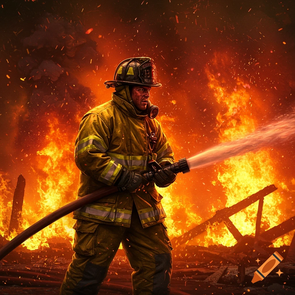 Photorealistic image of a firefighter in yellow gear, holding a hose and spraying water against a raging inferno.