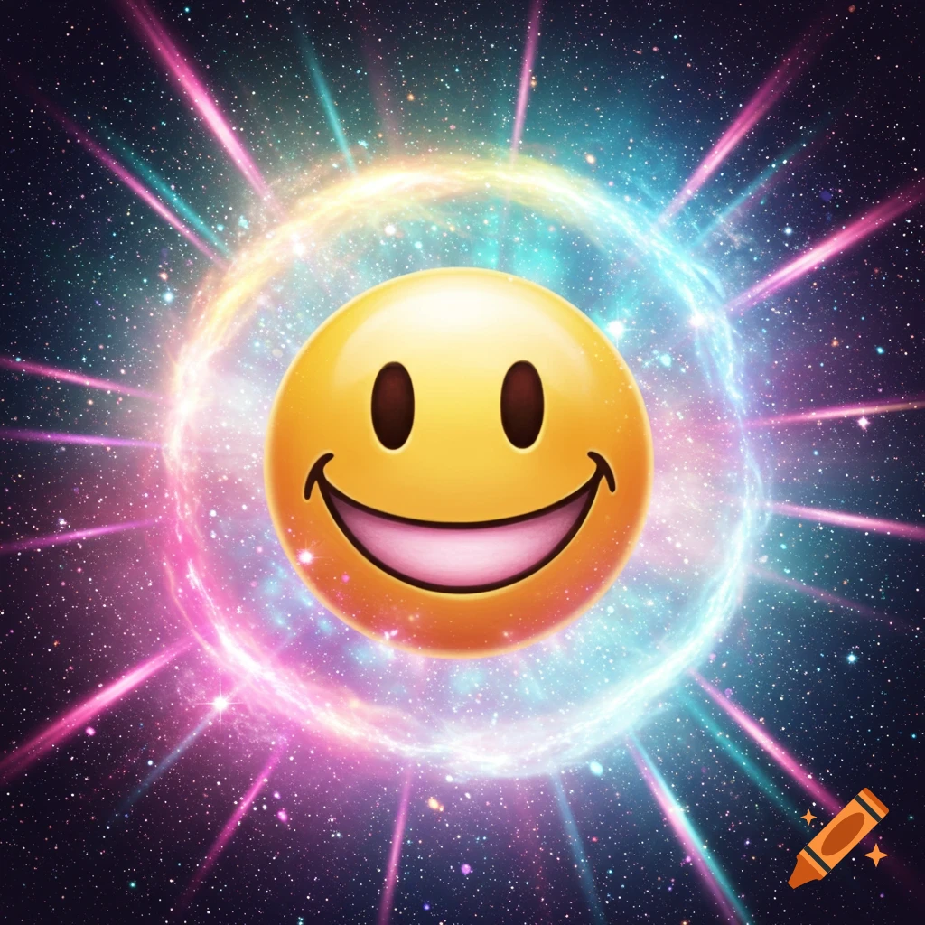 A glowing yellow smiling emoji centered within a vibrant pink, blue, and yellow cosmic burst with stars in the background.