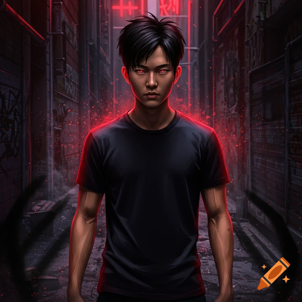A serious young Asian man with glowing red eyes stands in a dark, graffiti-filled alley, surrounded by a red aura.