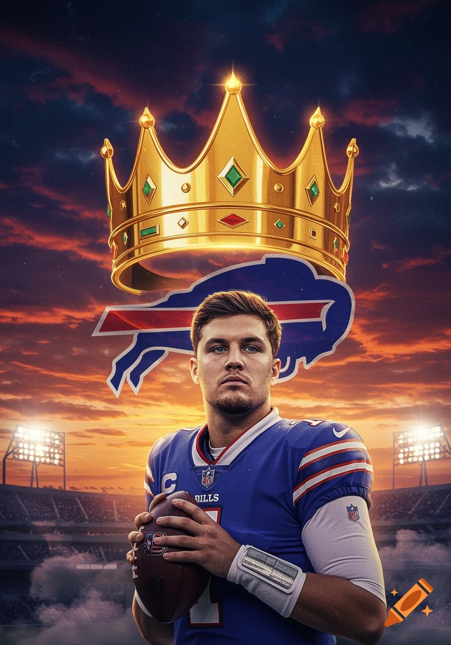Digital art of Josh Allen in a Bills uniform holding a football, with a golden crown, Bills logo, and stadium at sunset.