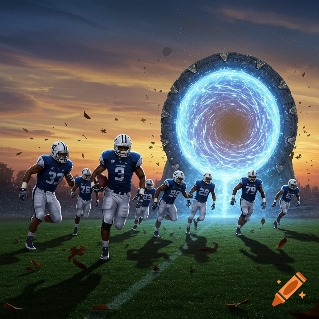 Football players in blue uniforms run across a field toward a glowing blue Stargate under a sunset sky with falling leaves.