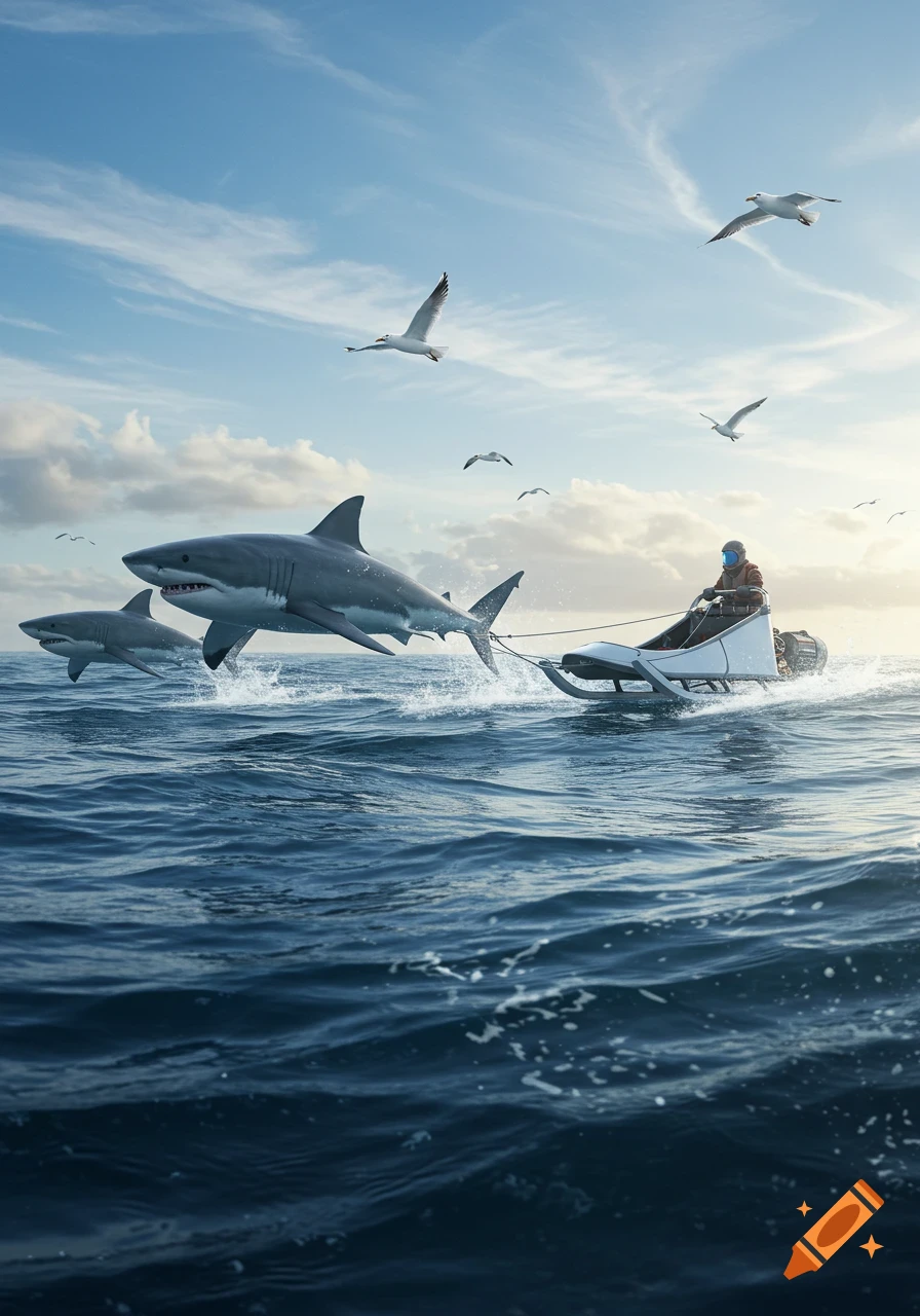 A person in a futuristic sled is pulled across the ocean by two large sharks, with seagulls flying under a cloudy sky.