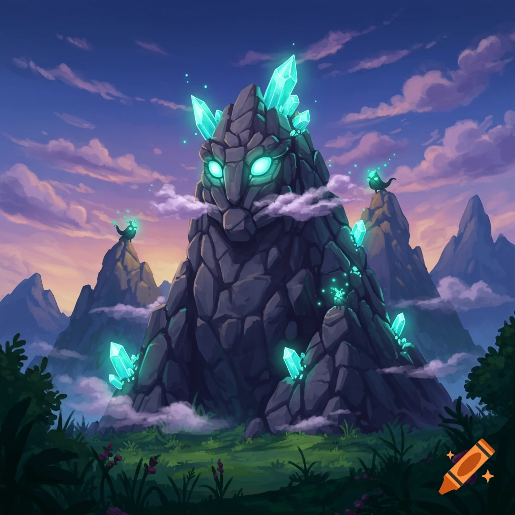 Stylized mountain creature with glowing teal eyes and crystals emerges from mist in a fantasy landscape at sunset.