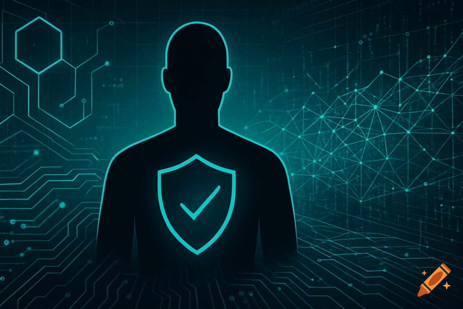 Dark silhouette of a person with a glowing teal shield and checkmark on chest, against a tech background of circuits and network lines.