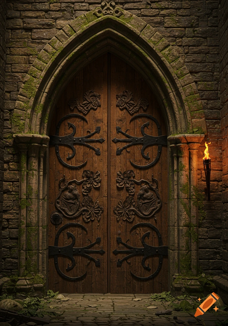 A dark, arched medieval wooden door with ornate iron hinges and carvings, set in a mossy stone wall, illuminated by a torch.