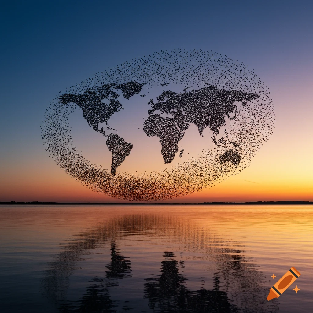 A murmuration of starlings forms a detailed world map silhouette over a calm lake at sunset.