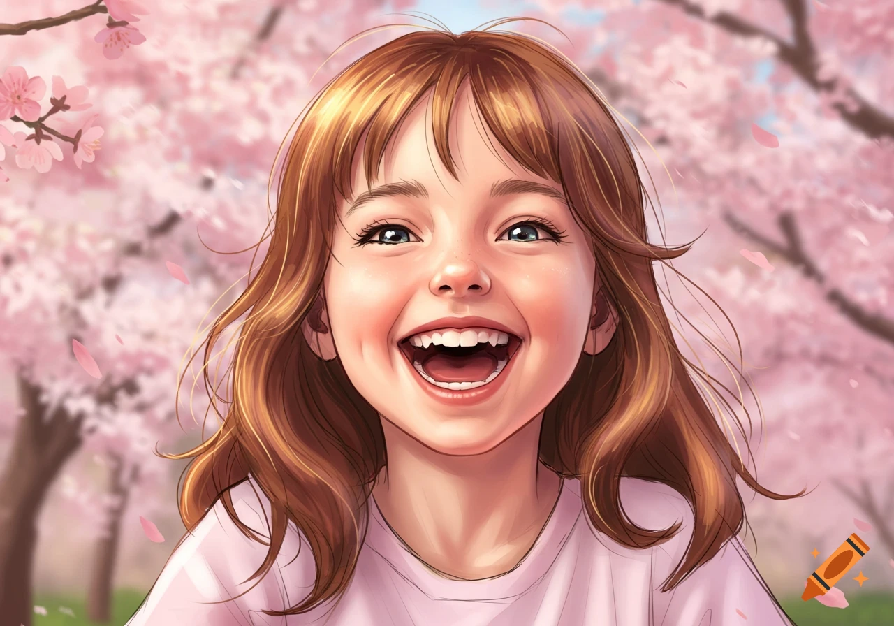 A joyful young girl with brown hair laughing widely in a digital illustration, set against a backdrop of pink cherry blossoms.
