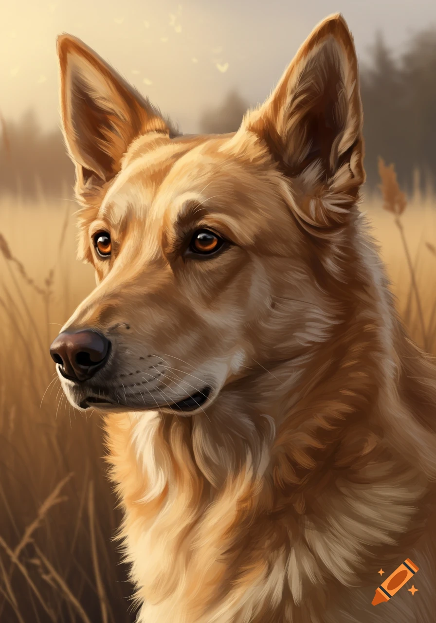 Close-up digital art portrait of a golden-brown dog with pointy ears looking left in a sunlit field.