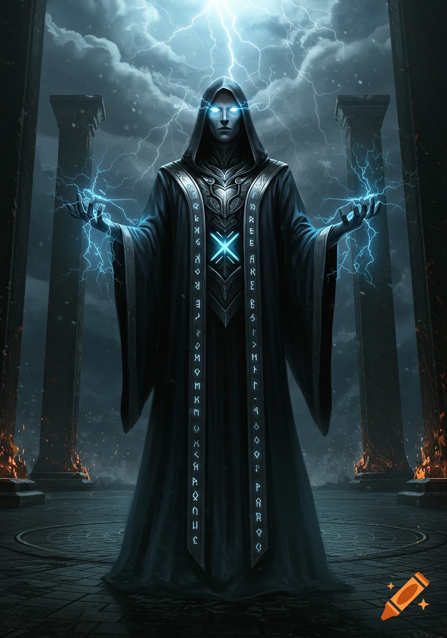 A dark fantasy sorcerer with glowing eyes and runic robe summons lightning in a stormy ruin.