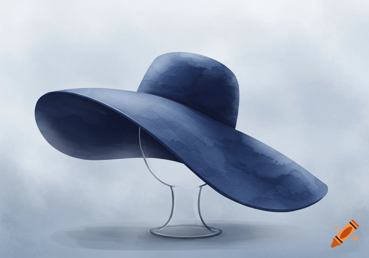 A navy blue broad-brimmed hat with a watercolor texture sits on a clear stand against a light blue background.