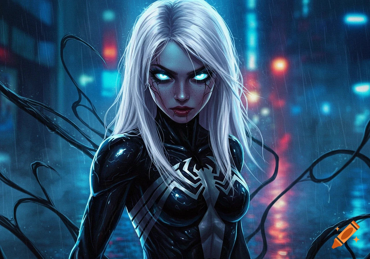 Digital art of a white-haired woman in a black Venom symbiote suit with glowing blue eyes, standing in a rainy cyberpunk city.
