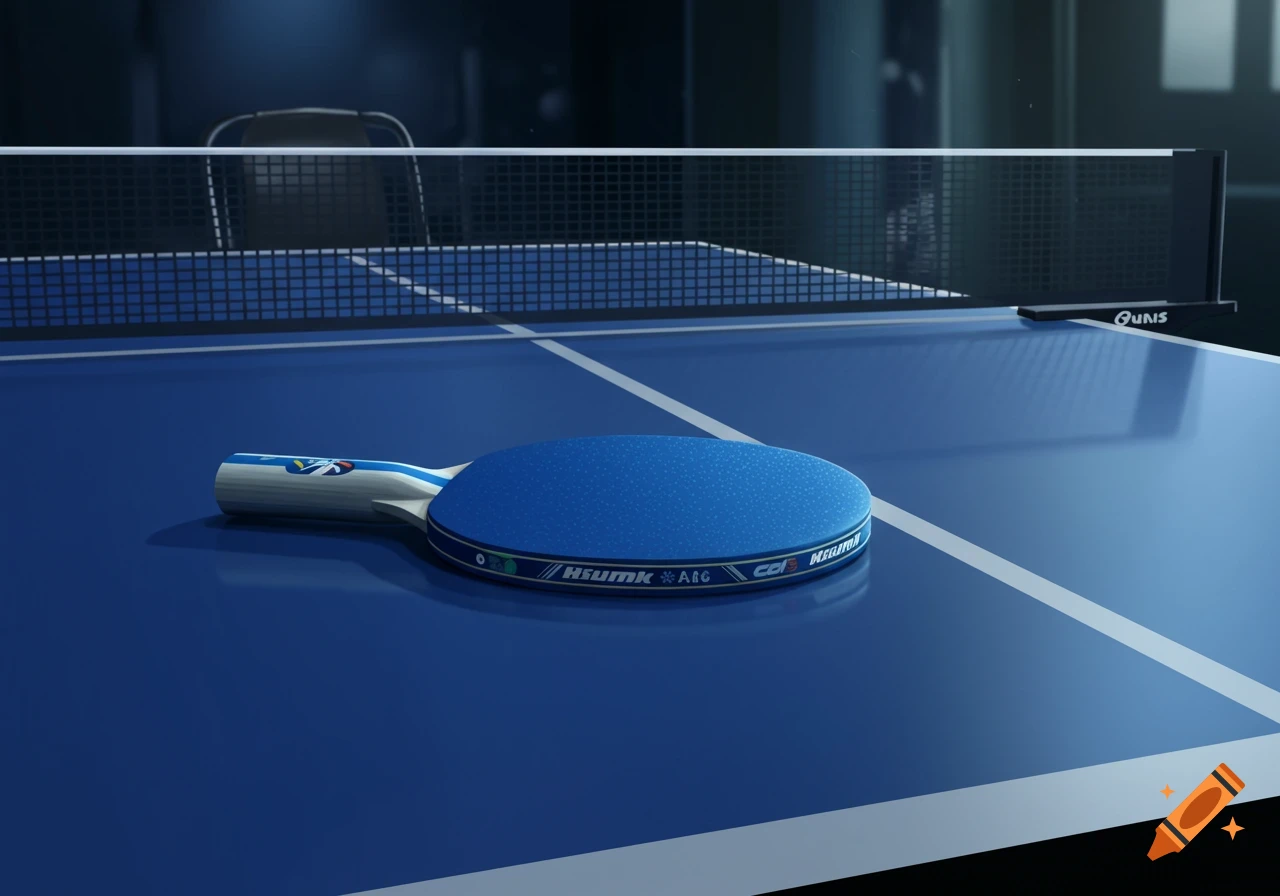 A blue table tennis paddle rests on a blue ping-pong table with a net in the background. Photorealistic style.