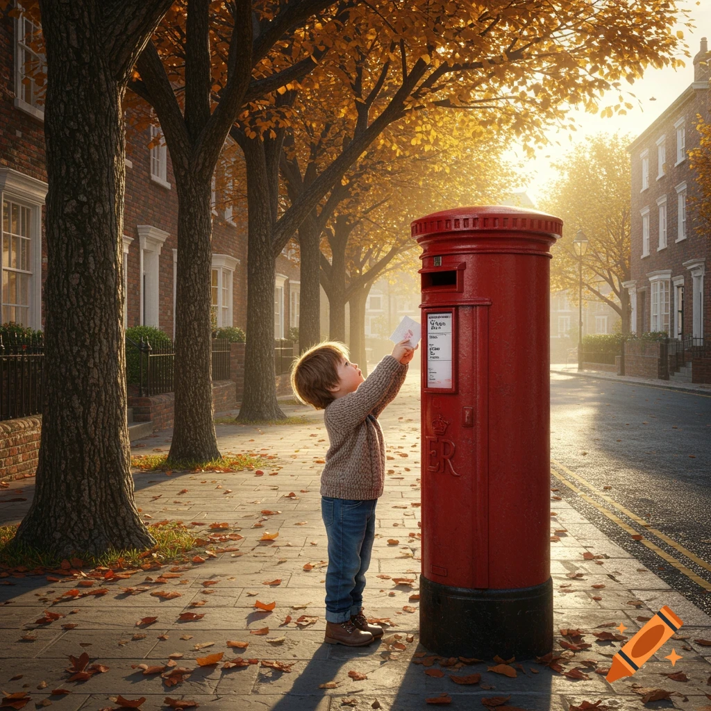 A young child stands on an autumn street, putting a letter into a red British post box bathed in golden sunlight.