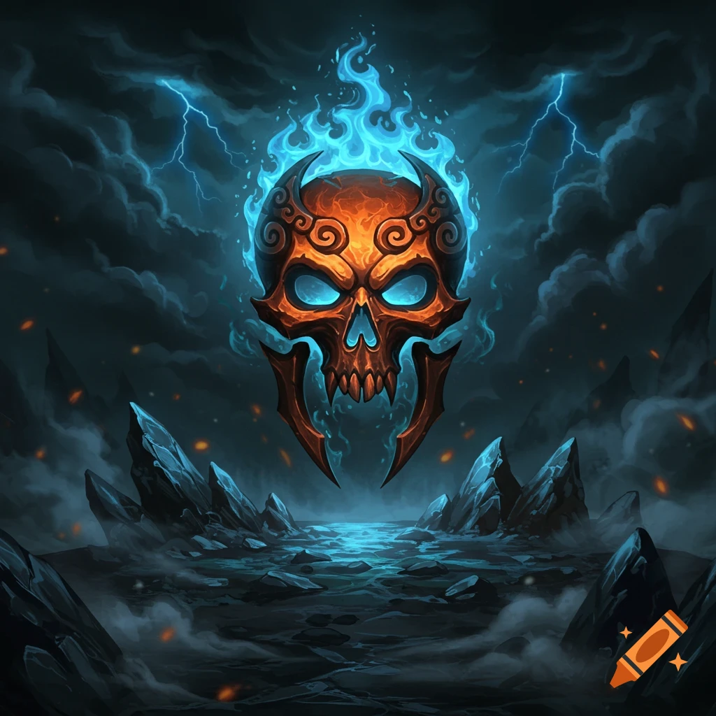 A menacing, ornate skull with glowing blue eyes and blue flames on its head, floating above a dark, rocky, stormy landscape with lightning.
