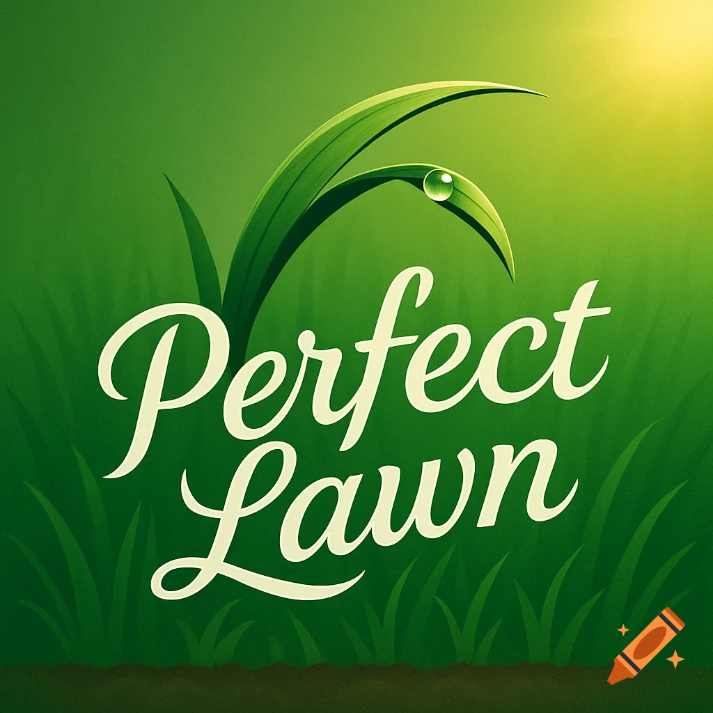 A vibrant green logo with the words "Perfect Lawn" in a flowing script font. A blade of grass with a water droplet stands above the text against a bright green background with a sun flare.