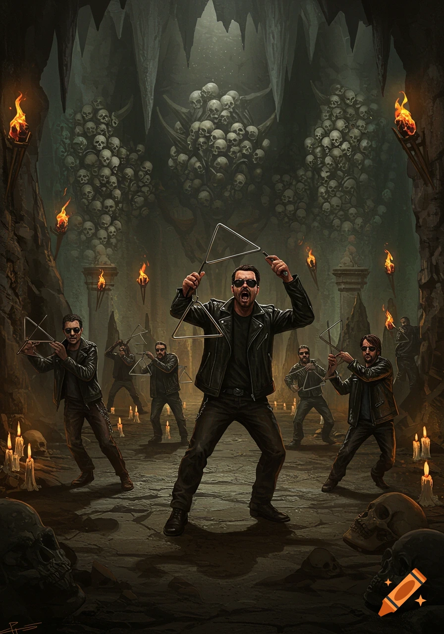 Multiple bikers in a dark, skull-filled cave play triangles amidst torches and candles, in a detailed, dark fantasy art style.