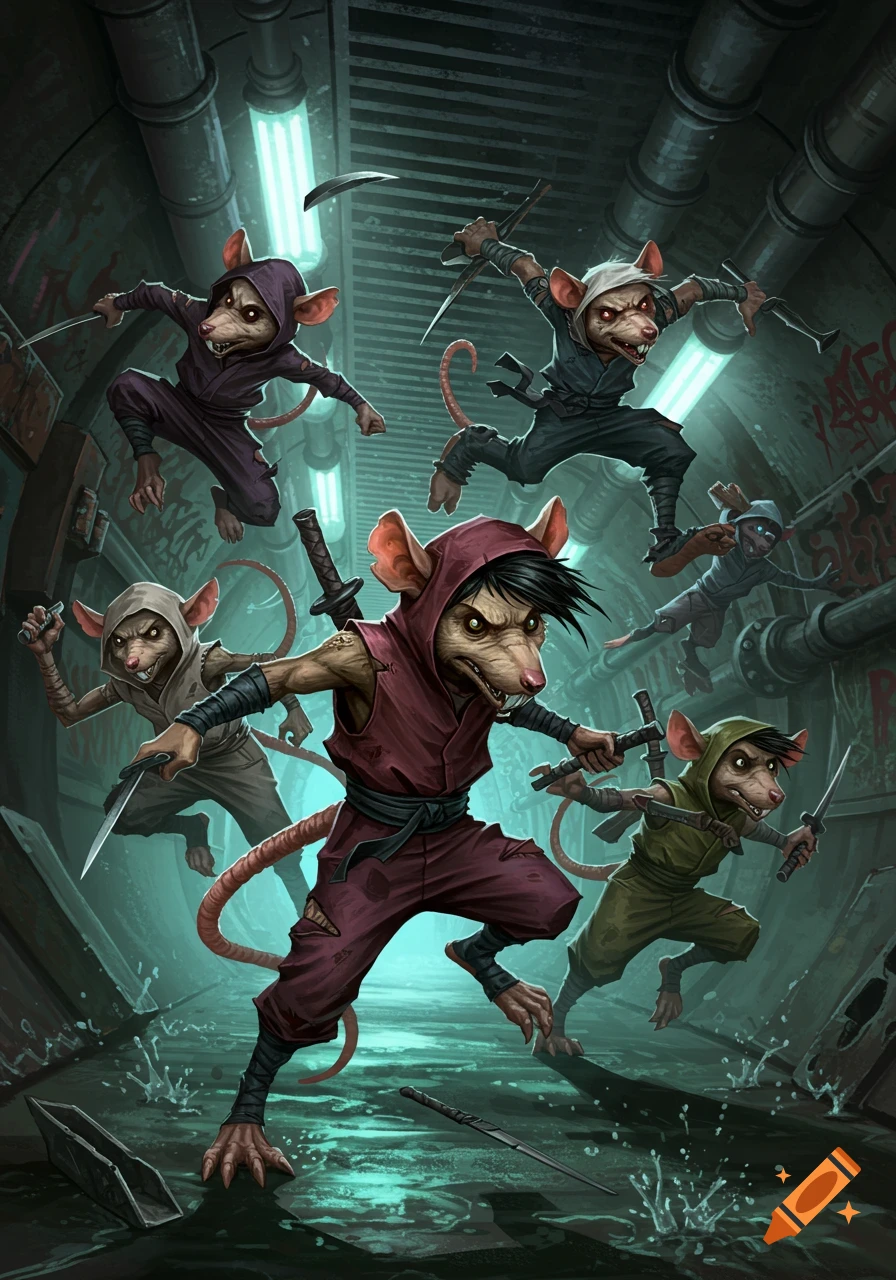 A group of anthropomorphic ninja rats in dynamic poses, wielding various weapons in a dark, watery sewer setting with pipes and glowing lights.