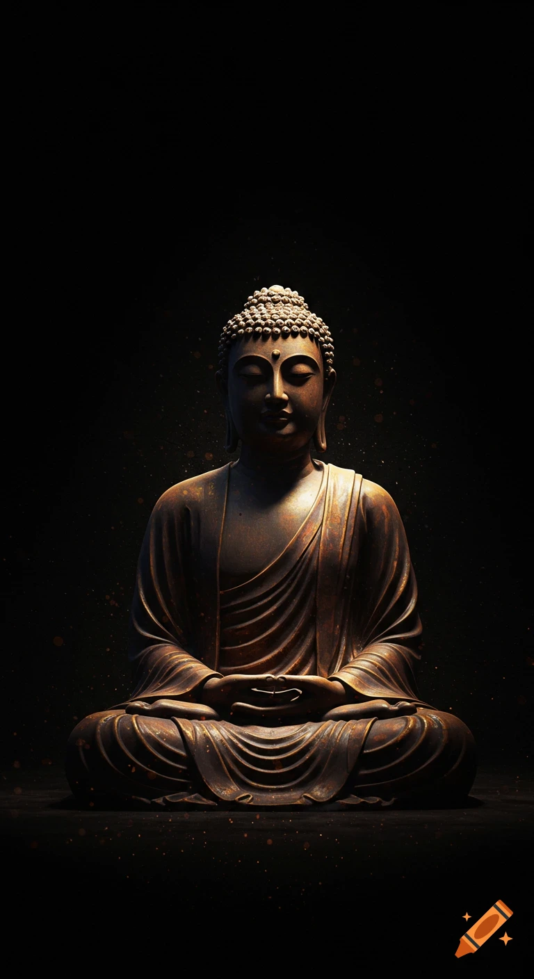 A bronze Buddha statue sits in meditation on a dark background, with dramatic lighting highlighting its features.