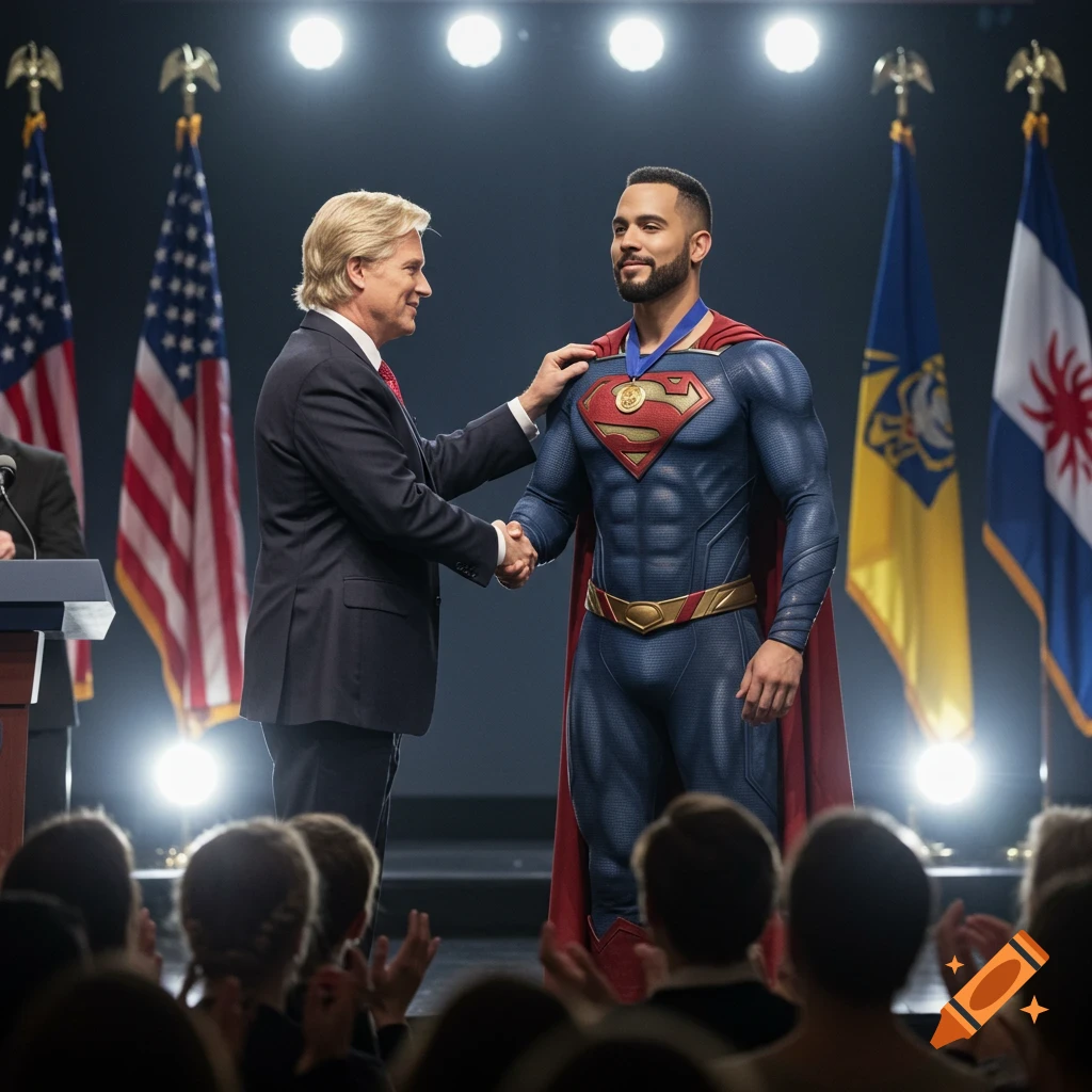 Photorealistic image of a man in a Superman suit shaking hands with a blonde president-like figure at an award ceremony on stage, with flags and a crowd.