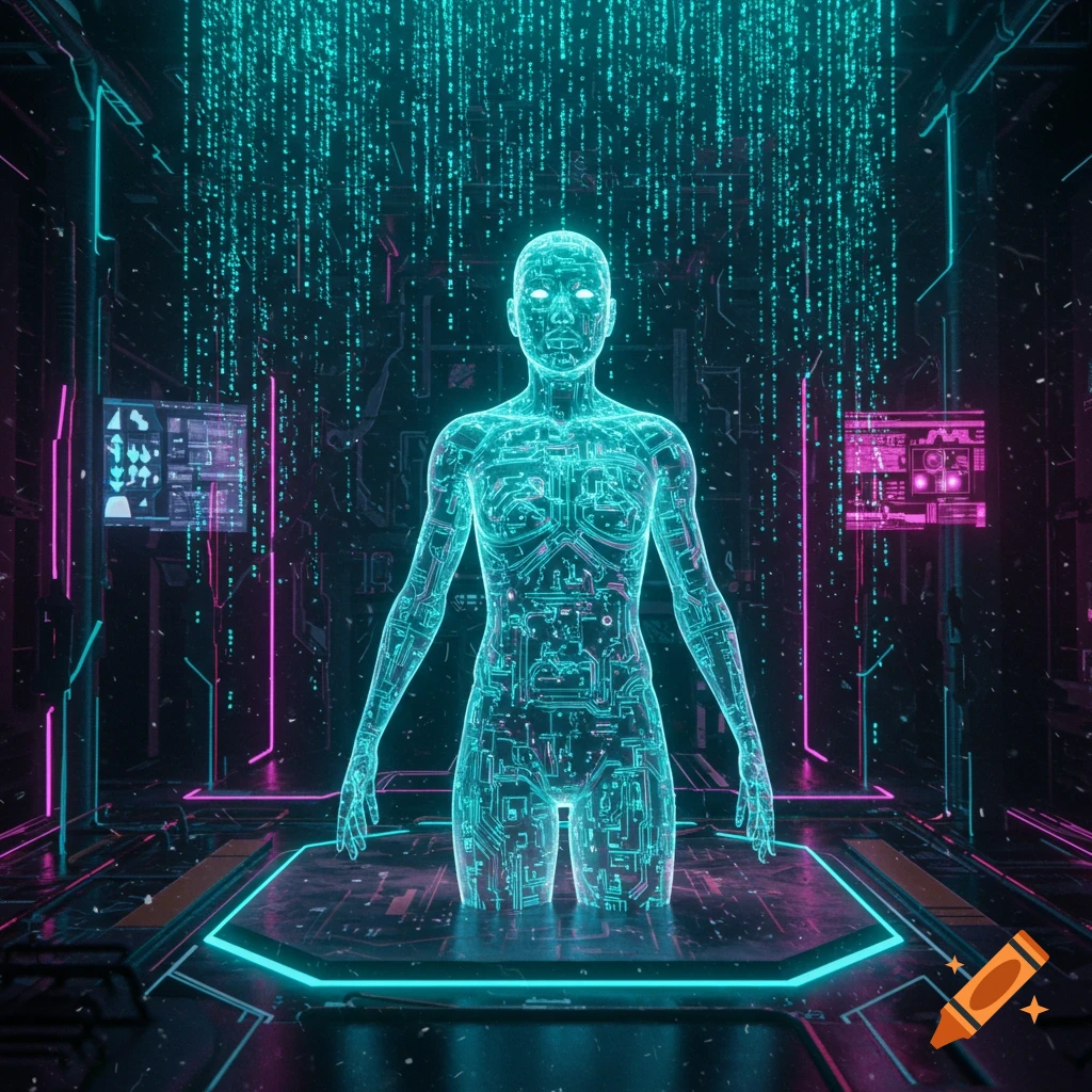 Glowing cyan wireframe human figure stands in a dark, futuristic digital environment with falling data streams and pink neon lights.