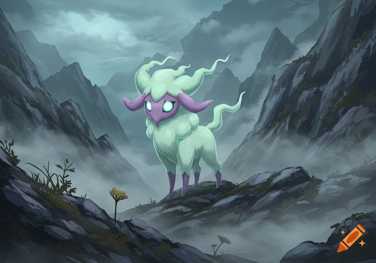 A light green, purple-horned goat-like creature with glowing eyes stands on a misty mountain slope in a fantasy art style.