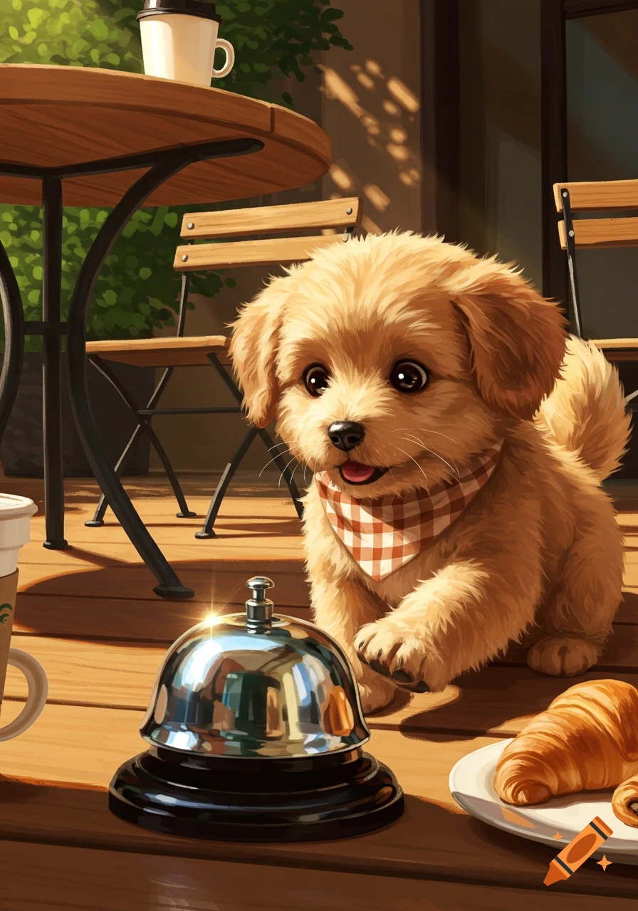 A fluffy golden puppy wearing a checkered bandana sits on a wooden patio next to a shiny service bell, a croissant, and coffee cups in a sunny cafe setting.