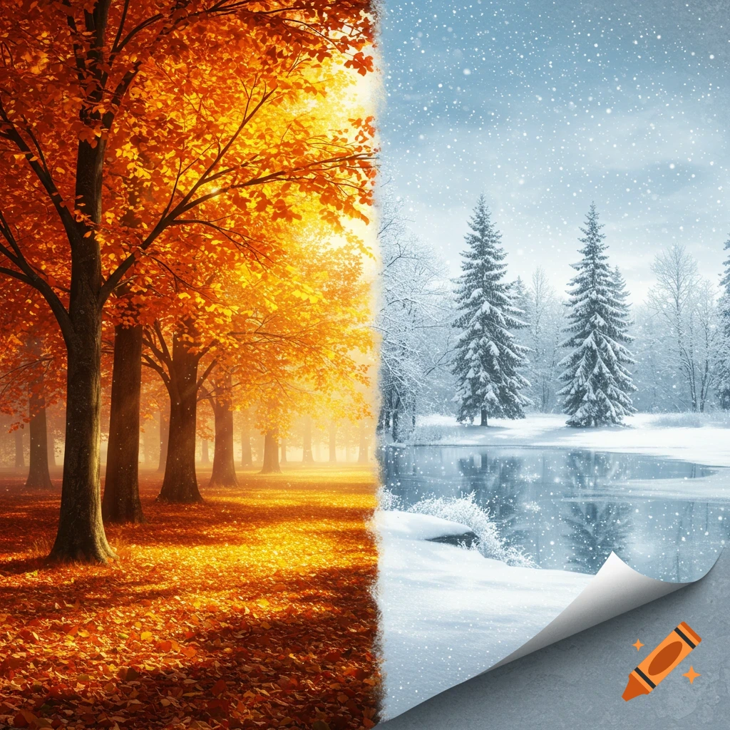 A split image of a vibrant autumn forest on the left and a snowy winter landscape on the right, featuring a page peel effect.