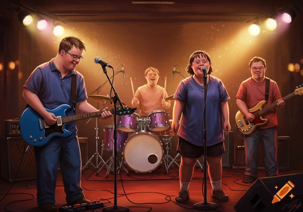 An illustration of a band with Down syndrome performing on a brightly lit stage, featuring a guitarist, singer, drummer, and bassist.