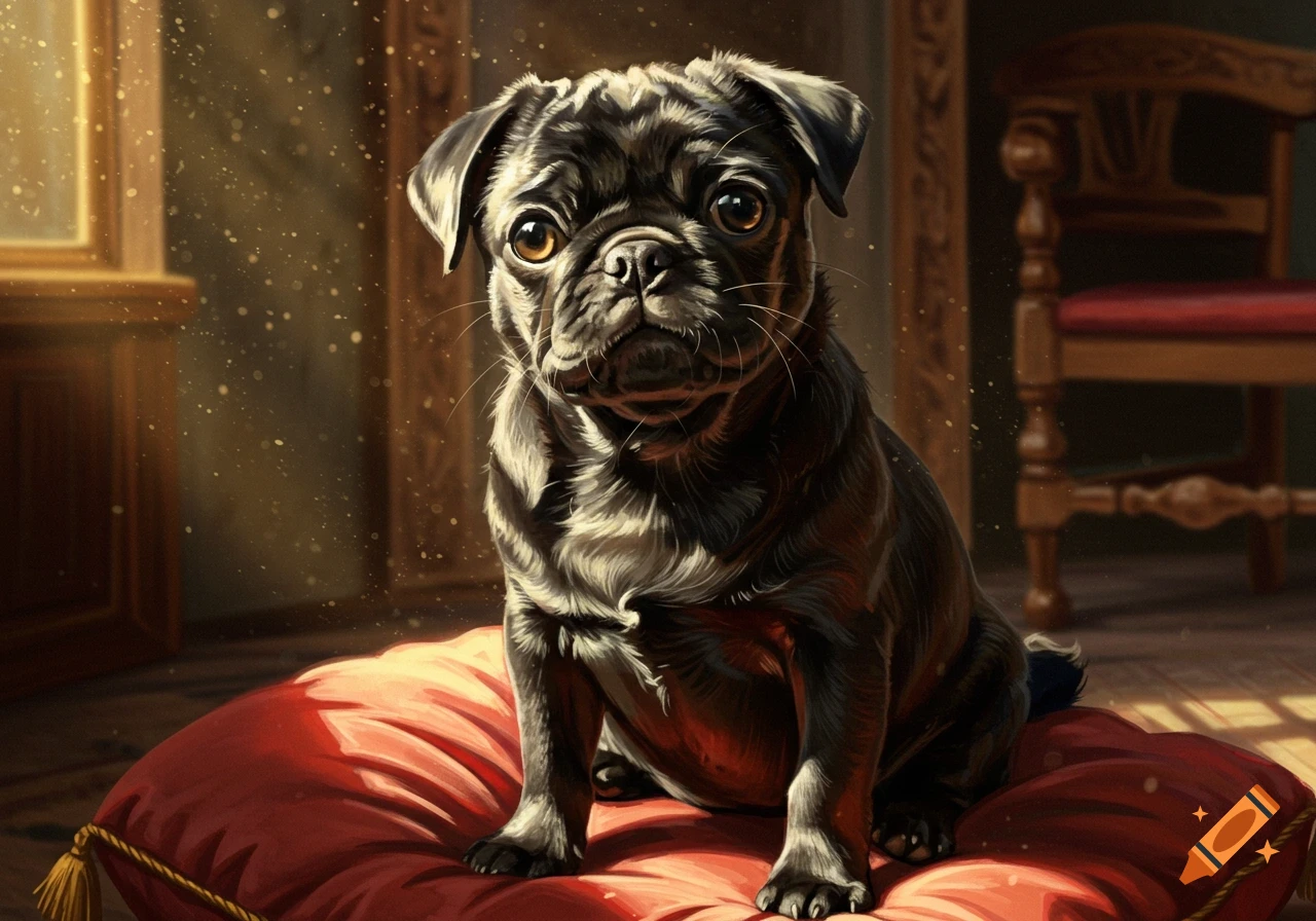 Illustrated black pug sitting on a red cushion in dappled sunlight, looking forward with wide eyes.