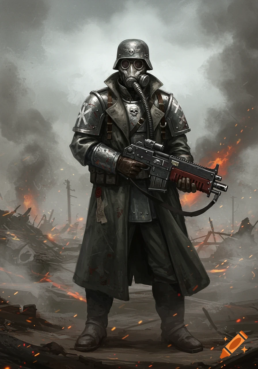 A grim Death Korps of Krieg soldier in a gas mask and armor stands with a rifle in a war-torn, burning landscape, digital art.