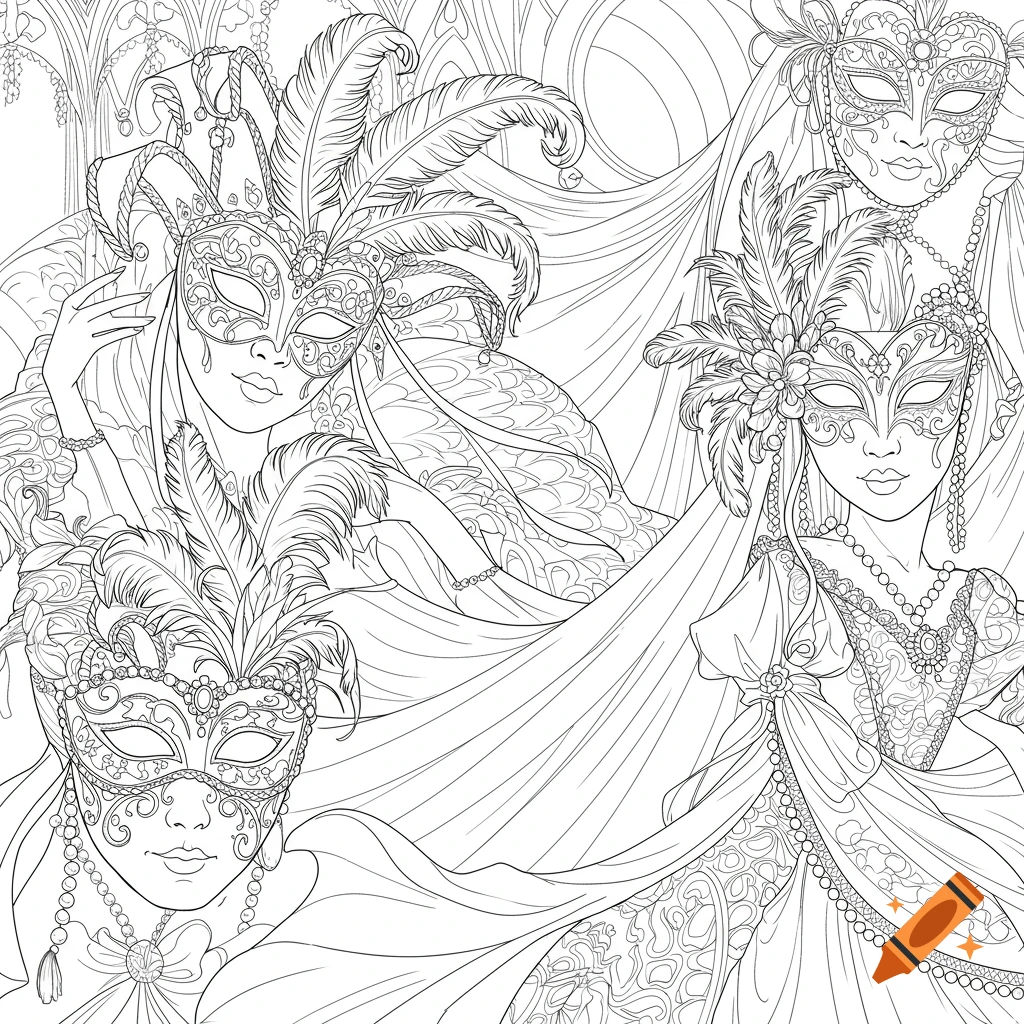 Black-and-white line art of elegant Venetian masquerade masks with feathers and flowing gowns, adult coloring book style.