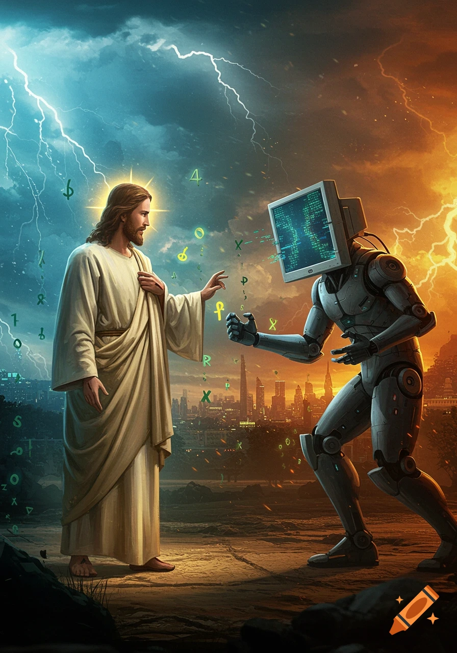 Jesus in white robes confronts a robot with a monitor head, surrounded by lightning and a glowing cityscape, with floating code symbols.