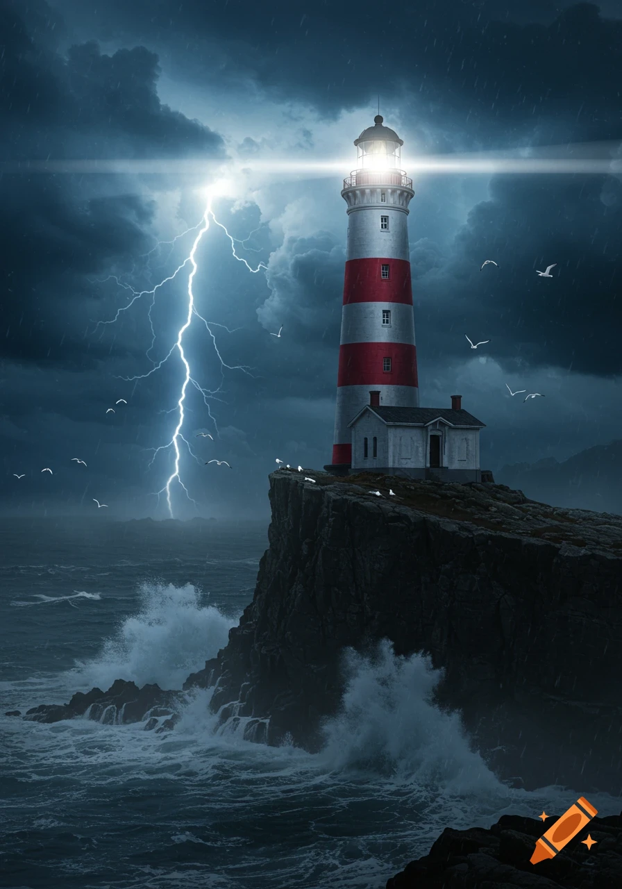 A dramatic photorealistic scene of a striped lighthouse on a rocky cliff during a stormy night with lightning, crashing waves, and flying seagulls.
